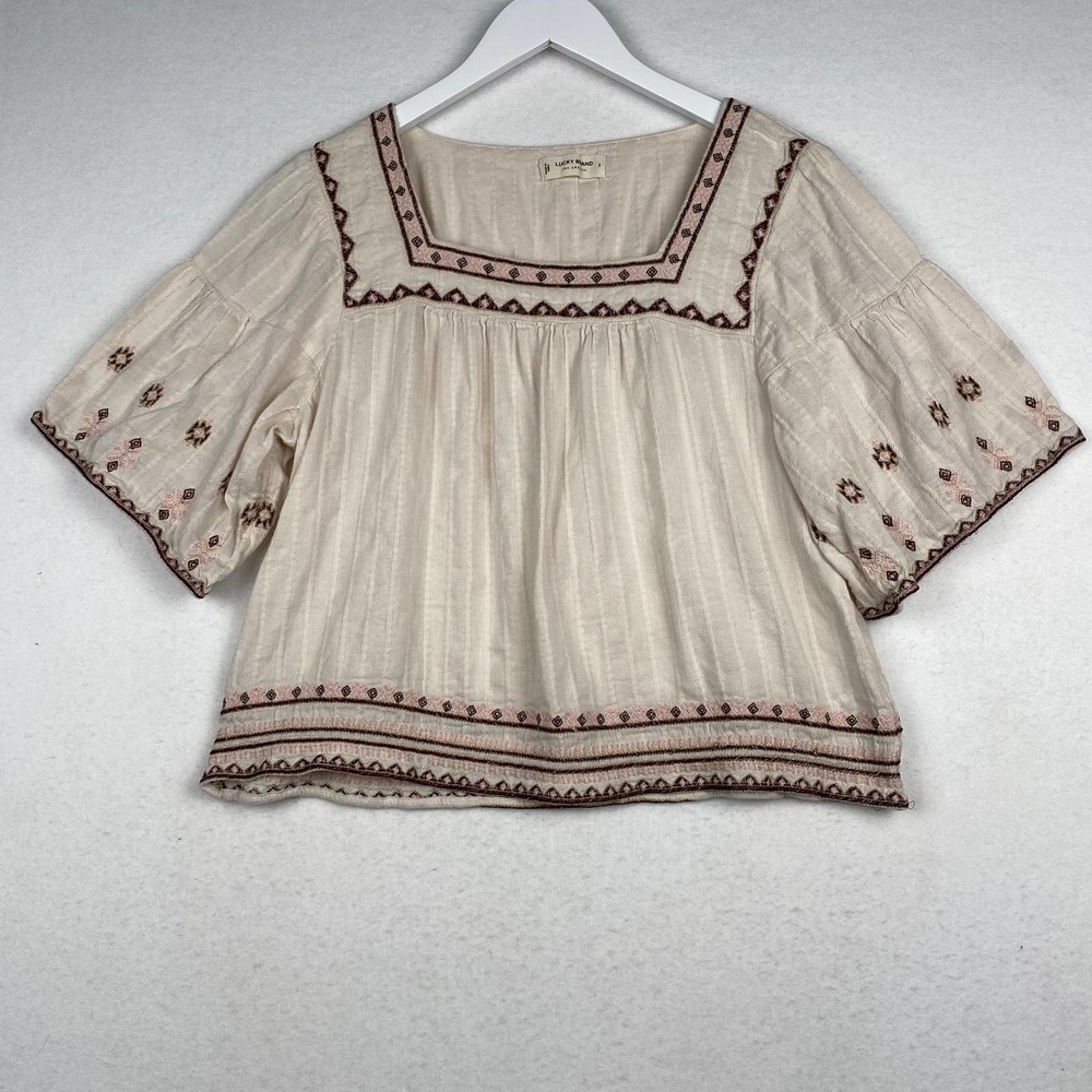 Lucky Brand Small Boho Top w/ Square Neck Embroidered Crop Vintage 70s Vibe Top